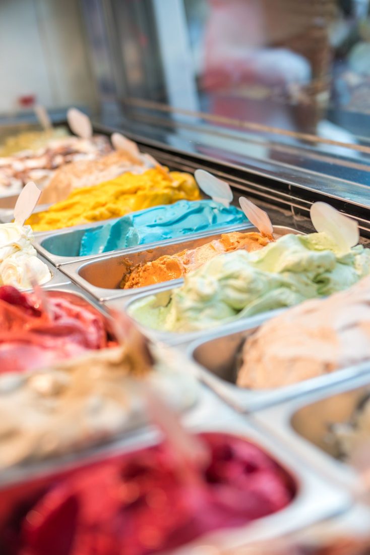 Gelato counter with colourful flavours (sample photo)