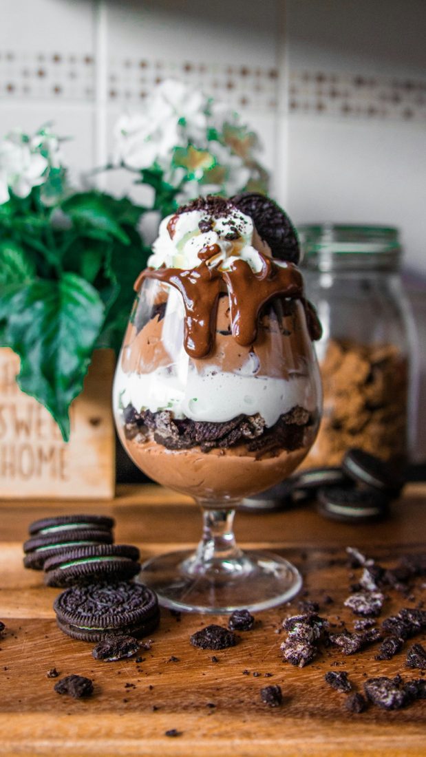 Chocolate sundae in a glass (sample photo)